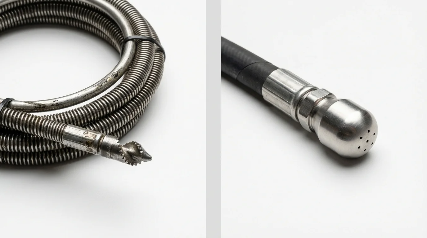 Drain snake cable and hydro jetting nozzle used for drain cleaning in Utica, NY