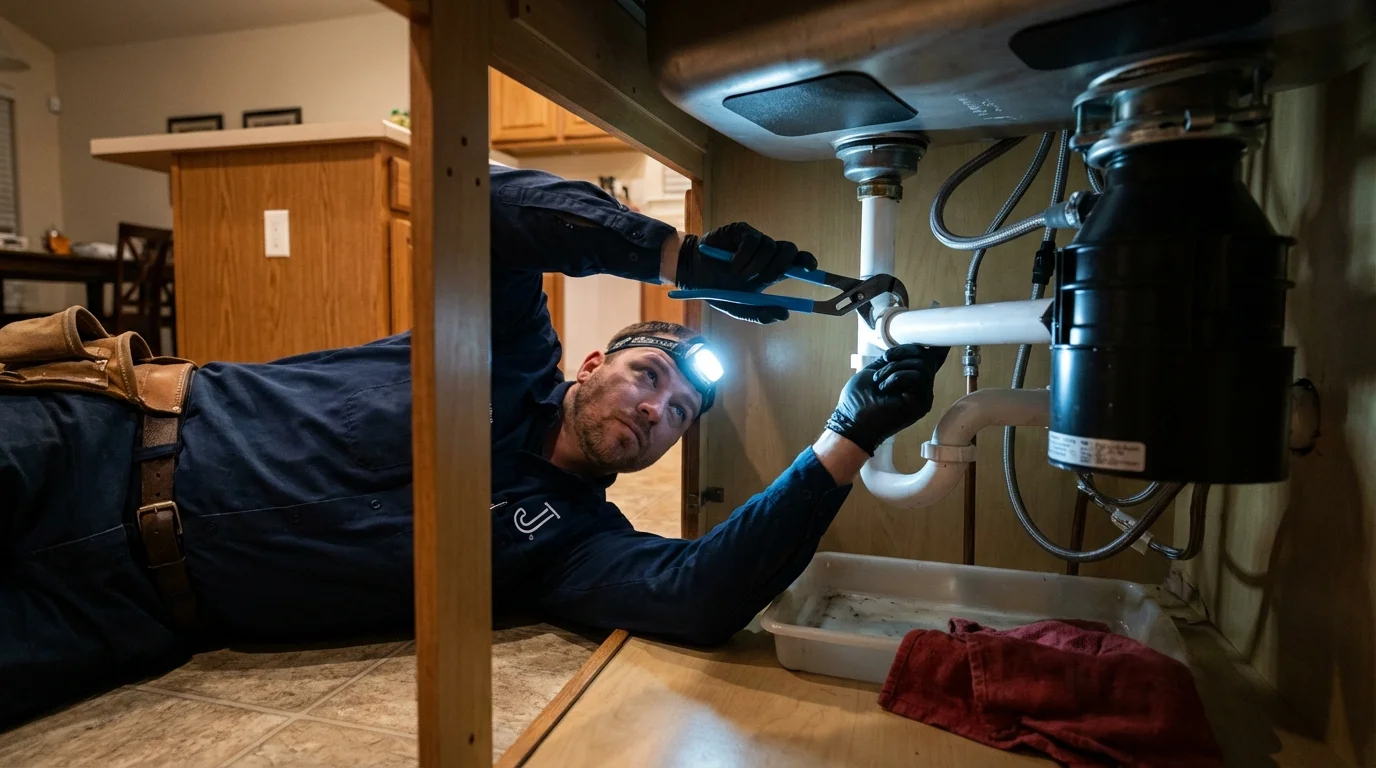 P-trap and supply line connections under a kitchen sink showing a common leak point in Utica, NY